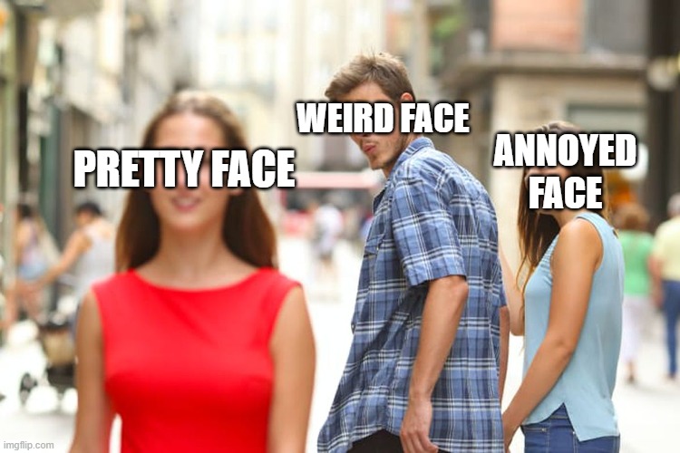 Distracted Boyfriend | WEIRD FACE; ANNOYED FACE; PRETTY FACE | image tagged in memes,distracted boyfriend | made w/ Imgflip meme maker