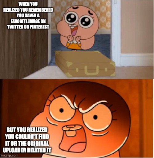 Favorite Image on Twitter or Pinterest | WHEN YOU REALIZED YOU REMEMBERED YOU SAVED A FAVORITE IMAGE ON TWITTER OR PINTEREST; BUT YOU REALIZED YOU COULDN'T FIND IT OR THE ORIGINAL UPLOADER DELETED IT | image tagged in gumball - anais false hope meme,twitter,pinterest,memes | made w/ Imgflip meme maker