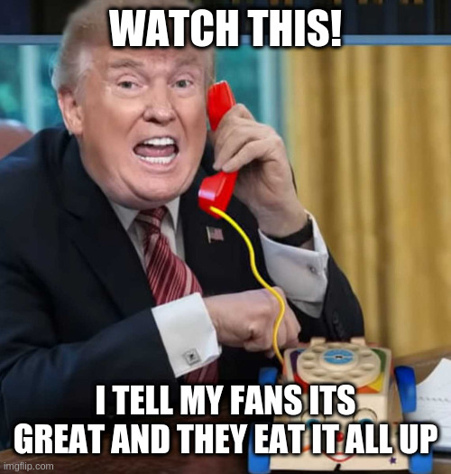 before tumpo takes a big dumpo | WATCH THIS! I TELL MY FANS ITS GREAT AND THEY EAT IT ALL UP | image tagged in i'm the president,turdo | made w/ Imgflip meme maker