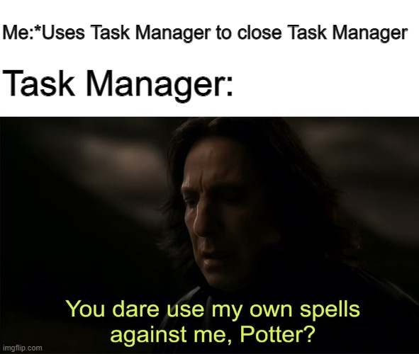 Me:*Uses Task Manager to close Task Manager; Task Manager: | image tagged in harry potter | made w/ Imgflip meme maker