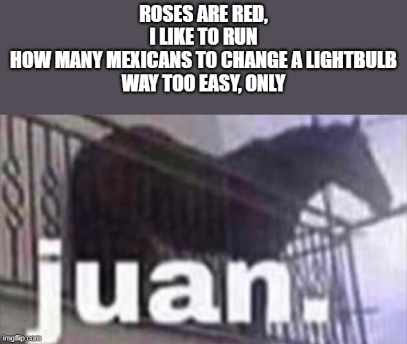 Horse. | ROSES ARE RED,
I LIKE TO RUN
HOW MANY MEXICANS TO CHANGE A LIGHTBULB
WAY TOO EASY, ONLY | image tagged in juan horse,roses are red | made w/ Imgflip meme maker