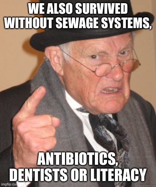 Back In My Day Meme | WE ALSO SURVIVED WITHOUT SEWAGE SYSTEMS, ANTIBIOTICS, DENTISTS OR LITERACY | image tagged in memes,back in my day | made w/ Imgflip meme maker