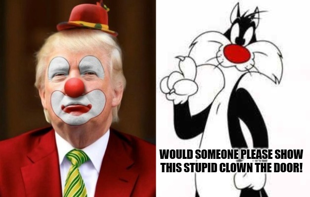 WOULD SOMEONE PLEASE SHOW THIS STUPID CLOWN THE DOOR! | image tagged in donald trump clown,sylvester the cat making a point | made w/ Imgflip meme maker