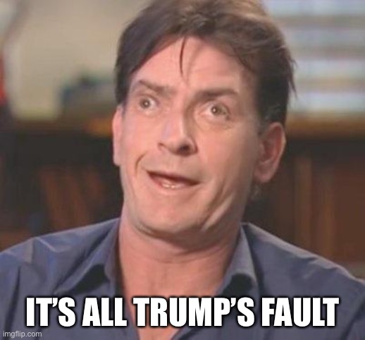 Charlie Sheen DERP | IT’S ALL TRUMP’S FAULT | image tagged in charlie sheen derp | made w/ Imgflip meme maker