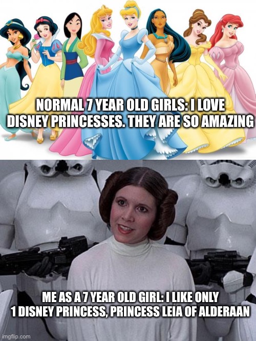 My life as a seven year old girl who proudly loved Star Wars and was a walking encyclopedia of it | NORMAL 7 YEAR OLD GIRLS: I LOVE DISNEY PRINCESSES. THEY ARE SO AMAZING; ME AS A 7 YEAR OLD GIRL: I LIKE ONLY 1 DISNEY PRINCESS, PRINCESS LEIA OF ALDERAAN | image tagged in disney princesses,princess leia | made w/ Imgflip meme maker