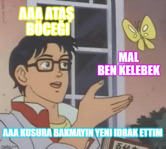 Is This A Pigeon Meme | AAA ATAŞ  BÖCEĞI; MAL BEN KELEBEK; AAA KUSURA BAKMAYIN YENI IDRAK ETTIM | image tagged in memes,is this a pigeon | made w/ Imgflip meme maker