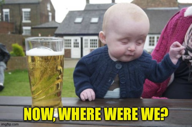 Drunk Baby Meme | NOW, WHERE WERE WE? | image tagged in memes,drunk baby | made w/ Imgflip meme maker