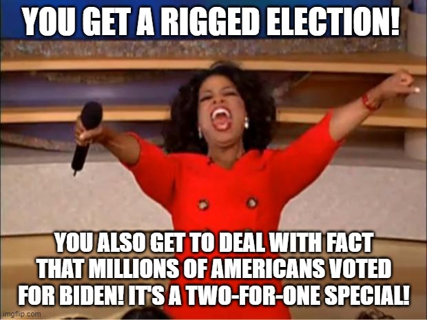 Oprah You Get A Meme | YOU GET A RIGGED ELECTION! YOU ALSO GET TO DEAL WITH FACT THAT MILLIONS OF AMERICANS VOTED FOR BIDEN! IT'S A TWO-FOR-ONE SPECIAL! | image tagged in memes,oprah you get a | made w/ Imgflip meme maker