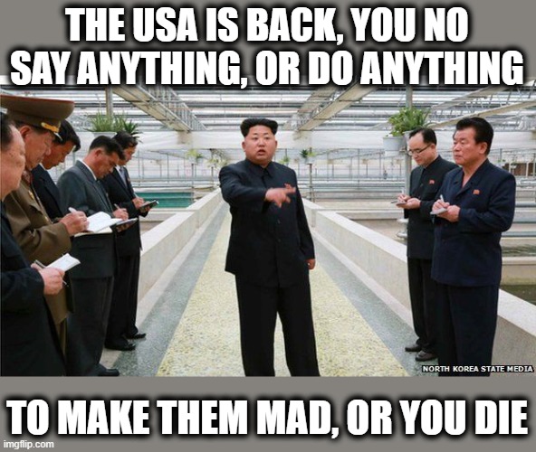 America is back baby! | THE USA IS BACK, YOU NO SAY ANYTHING, OR DO ANYTHING; TO MAKE THEM MAD, OR YOU DIE | image tagged in memes,politics,north korea,election 2020,national security,maga | made w/ Imgflip meme maker