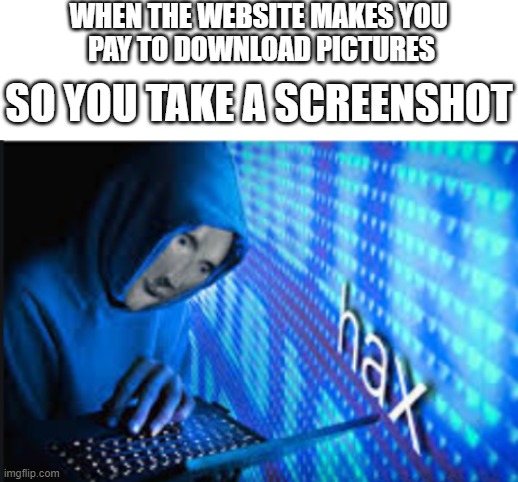 Pro Hakker | WHEN THE WEBSITE MAKES YOU 
PAY TO DOWNLOAD PICTURES; SO YOU TAKE A SCREENSHOT | image tagged in blank white template,hax | made w/ Imgflip meme maker