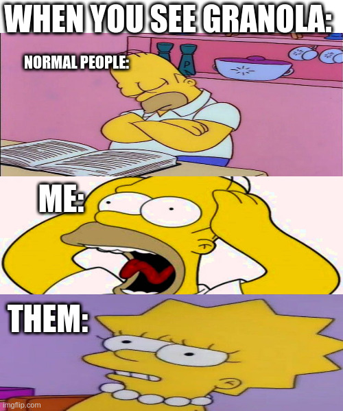 When you love granola too much: | WHEN YOU SEE GRANOLA:; NORMAL PEOPLE:; ME:; THEM: | image tagged in simpsons,granola,yummyness,scream,food,homer | made w/ Imgflip meme maker