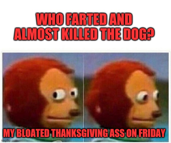 Monkey Puppet Meme | WHO FARTED AND ALMOST KILLED THE DOG? MY BLOATED THANKSGIVING ASS ON FRIDAY | image tagged in memes,monkey puppet | made w/ Imgflip meme maker