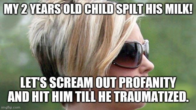 Karen | MY 2 YEARS OLD CHILD SPILT HIS MILK! LET'S SCREAM OUT PROFANITY AND HIT HIM TILL HE TRAUMATIZED. | image tagged in karen | made w/ Imgflip meme maker