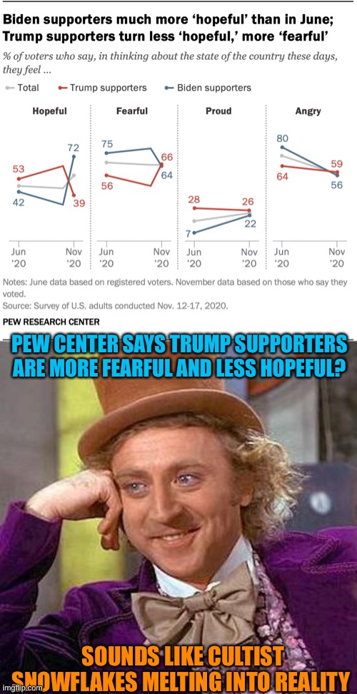 MAGA snowflakes melting | PEW CENTER SAYS TRUMP SUPPORTERS ARE MORE FEARFUL AND LESS HOPEFUL? SOUNDS LIKE CULTIST SNOWFLAKES MELTING INTO REALITY | image tagged in memes,creepy condescending wonka,donald trump,trump supporters,orange,cult | made w/ Imgflip meme maker