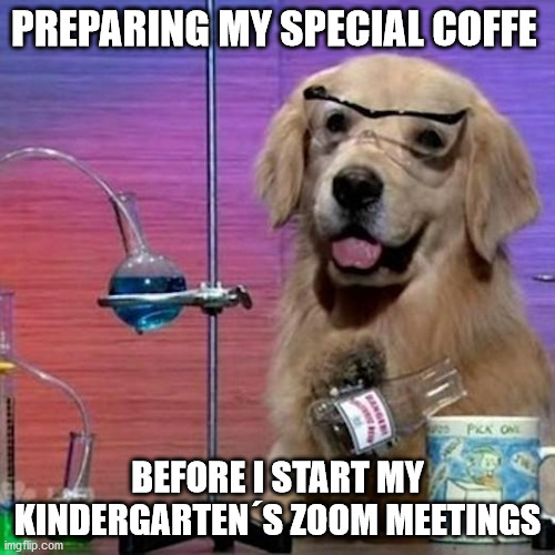 I Have No Idea What I Am Doing Dog |  PREPARING MY SPECIAL COFFE; BEFORE I START MY KINDERGARTEN´S ZOOM MEETINGS | image tagged in memes,i have no idea what i am doing dog | made w/ Imgflip meme maker