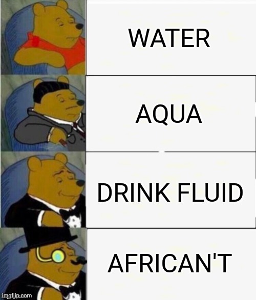 Tuxedo Winnie the Pooh 4 panel | WATER; AQUA; DRINK FLUID; AFRICAN'T | image tagged in tuxedo winnie the pooh 4 panel | made w/ Imgflip meme maker