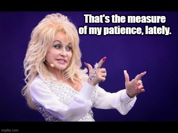 Dolly Parton see friends at party | That's the measure of my patience, lately. | image tagged in dolly parton see friends at party | made w/ Imgflip meme maker