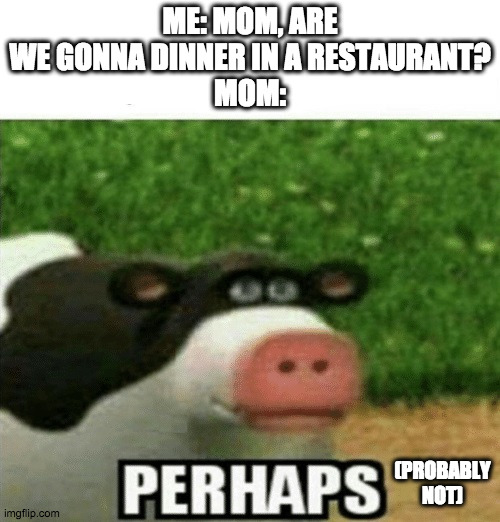 Perhaps | ME: MOM, ARE WE GONNA DINNER IN A RESTAURANT?
MOM:; (PROBABLY NOT) | image tagged in p e r h a p s | made w/ Imgflip meme maker