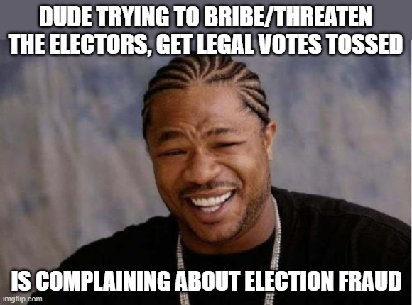 Yo Dawg Heard You | DUDE TRYING TO BRIBE/THREATEN THE ELECTORS, GET LEGAL VOTES TOSSED; IS COMPLAINING ABOUT ELECTION FRAUD | image tagged in memes,yo dawg heard you,politics,corruption,donald trump is an idiot,maga | made w/ Imgflip meme maker