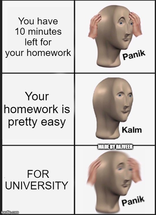 No title needed | You have 10 minutes left for your homework; Your homework is pretty easy; MADE BY RAJVEER; FOR UNIVERSITY | image tagged in memes,panik kalm panik | made w/ Imgflip meme maker