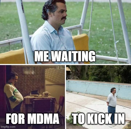 Sad Pablo Escobar Meme | ME WAITING; FOR MDMA; TO KICK IN | image tagged in memes,sad pablo escobar | made w/ Imgflip meme maker