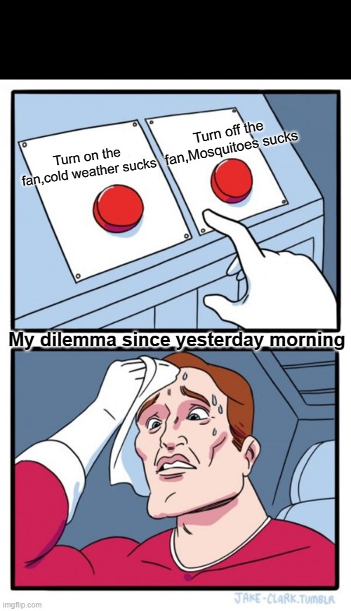 Indian weather | Turn off the fan,Mosquitoes sucks; Turn on the fan,cold weather sucks; My dilemma since yesterday morning | image tagged in memes,two buttons | made w/ Imgflip meme maker