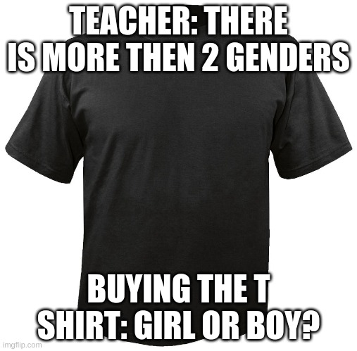 Blank T-Shirt | TEACHER: THERE IS MORE THEN 2 GENDERS; BUYING THE T SHIRT: GIRL OR BOY? | image tagged in blank t-shirt | made w/ Imgflip meme maker