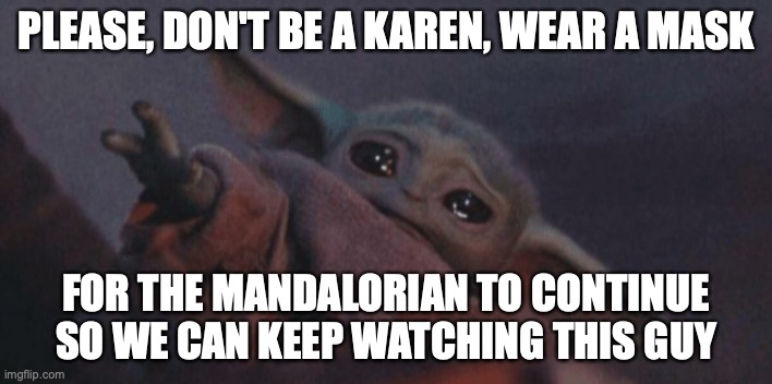 Please | PLEASE, DON'T BE A KAREN, WEAR A MASK; FOR THE MANDALORIAN TO CONTINUE SO WE CAN KEEP WATCHING THIS GUY | image tagged in baby yoda cry | made w/ Imgflip meme maker