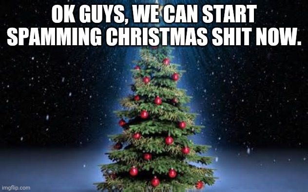 christmas tree | OK GUYS, WE CAN START SPAMMING CHRISTMAS SHIT NOW. | image tagged in christmas tree | made w/ Imgflip meme maker