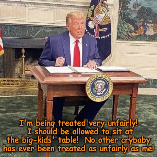 So presidential... | I'm being treated very unfairly!  I should be allowed to sit at the big-kids' table!  No other crybaby has ever been treated as unfairly as me! | image tagged in donald chump,trump,crybaby,trumper tears | made w/ Imgflip meme maker