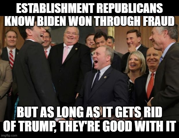 Republicans Senators laughing | ESTABLISHMENT REPUBLICANS KNOW BIDEN WON THROUGH FRAUD; BUT AS LONG AS IT GETS RID OF TRUMP, THEY'RE GOOD WITH IT | image tagged in republicans senators laughing | made w/ Imgflip meme maker