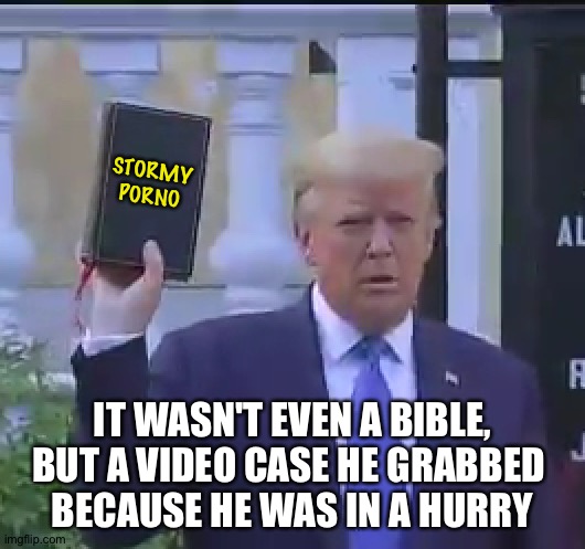 Trump bible | STORMY
PORNO IT WASN'T EVEN A BIBLE, BUT A VIDEO CASE HE GRABBED 
BECAUSE HE WAS IN A HURRY | image tagged in trump bible | made w/ Imgflip meme maker