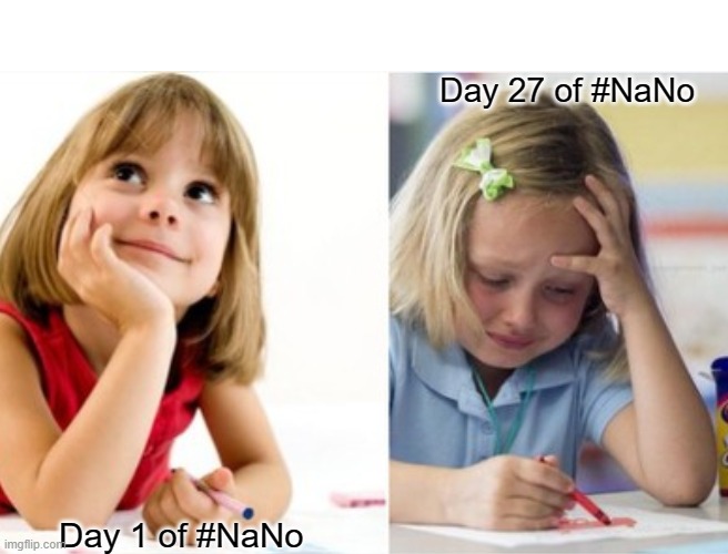 Writer's Journey during NaNo | Day 27 of #NaNo; Day 1 of #NaNo | image tagged in nano,nanowrimo,writing,writing life,frustration,writers | made w/ Imgflip meme maker