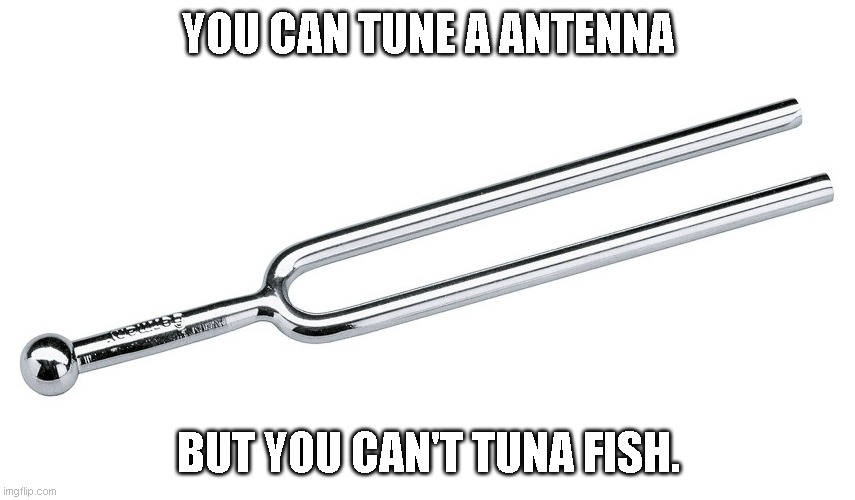 REO Speedwagon take, tuna antenna | YOU CAN TUNE A ANTENNA; BUT YOU CAN'T TUNA FISH. | image tagged in tuning fork | made w/ Imgflip meme maker