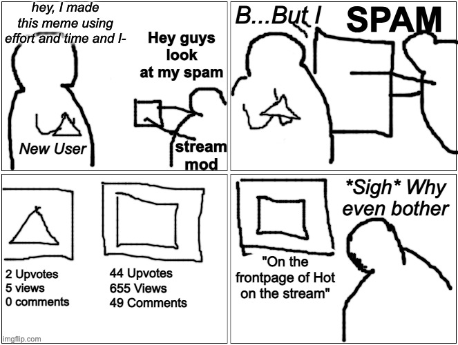 Blank Comic Panel 2x2 Meme | B...But I; hey, I made this meme using effort and time and I-; SPAM; Hey guys look at my spam; stream mod; New User; *Sigh* Why even bother; "On the frontpage of Hot on the stream"; 44 Upvotes
655 Views
49 Comments; 2 Upvotes 5 views 0 comments | image tagged in memes,blank comic panel 2x2 | made w/ Imgflip meme maker