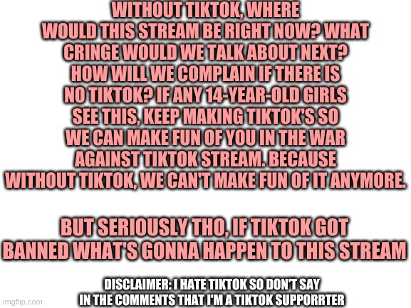 this is a thought i had in the shower btw.... not that you needed to know that | WITHOUT TIKTOK, WHERE WOULD THIS STREAM BE RIGHT NOW? WHAT CRINGE WOULD WE TALK ABOUT NEXT? HOW WILL WE COMPLAIN IF THERE IS NO TIKTOK? IF ANY 14-YEAR-OLD GIRLS SEE THIS, KEEP MAKING TIKTOK'S SO WE CAN MAKE FUN OF YOU IN THE WAR AGAINST TIKTOK STREAM. BECAUSE WITHOUT TIKTOK, WE CAN'T MAKE FUN OF IT ANYMORE. BUT SERIOUSLY THO, IF TIKTOK GOT BANNED WHAT'S GONNA HAPPEN TO THIS STREAM; DISCLAIMER: I HATE TIKTOK SO DON'T SAY IN THE COMMENTS THAT I'M A TIKTOK SUPPORRTER | image tagged in blank white template,memes,serious,tiktok | made w/ Imgflip meme maker