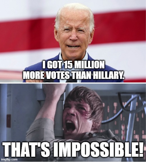 It's statistically impossible. | I GOT 15 MILLION MORE VOTES THAN HILLARY. THAT'S IMPOSSIBLE! | image tagged in joe biden,election 2020,luke skywalker | made w/ Imgflip meme maker