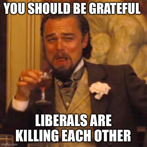Laughing Leo Meme | YOU SHOULD BE GRATEFUL LIBERALS ARE KILLING EACH OTHER | image tagged in memes,laughing leo | made w/ Imgflip meme maker