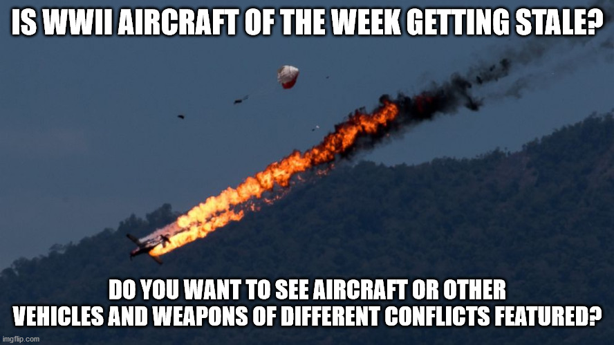 Plane Crash | IS WWII AIRCRAFT OF THE WEEK GETTING STALE? DO YOU WANT TO SEE AIRCRAFT OR OTHER VEHICLES AND WEAPONS OF DIFFERENT CONFLICTS FEATURED? | image tagged in plane crash,history | made w/ Imgflip meme maker
