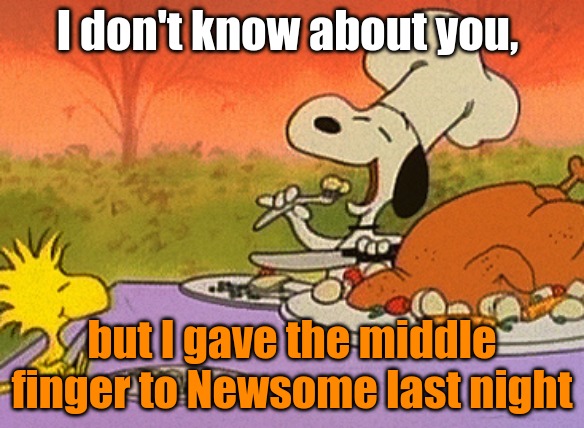 Thanksgiving is not to be taken away. | I don't know about you, but I gave the middle finger to Newsome last night | image tagged in charlie brown thanksgiving | made w/ Imgflip meme maker