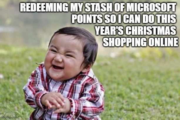 a year of bing searches was worth it | REDEEMING MY STASH OF MICROSOFT 
POINTS SO I CAN DO THIS 

YEAR'S CHRISTMAS 

SHOPPING ONLINE | image tagged in memes,evil toddler,microsoft points,online shopping,money,2020 | made w/ Imgflip meme maker