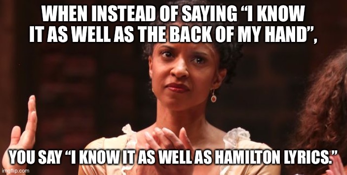 Hamilton Dedication 101 | WHEN INSTEAD OF SAYING “I KNOW IT AS WELL AS THE BACK OF MY HAND”, YOU SAY “I KNOW IT AS WELL AS HAMILTON LYRICS.” | image tagged in hamilton,song lyrics | made w/ Imgflip meme maker