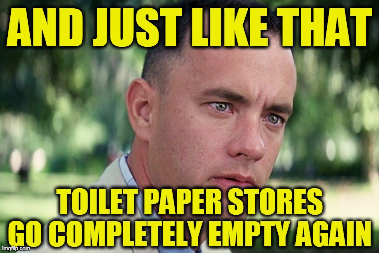 And Just Like That Meme | AND JUST LIKE THAT; TOILET PAPER STORES GO COMPLETELY EMPTY AGAIN | image tagged in memes,and just like that | made w/ Imgflip meme maker