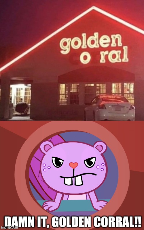 Oral!!? | DAMN IT, GOLDEN CORRAL!! | image tagged in pissed-off toothy htf,funny,you had one job,memes | made w/ Imgflip meme maker