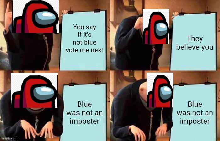 Gru Was Not An Imposter | You say if it's not blue vote me next; They believe you; Blue was not an imposter; Blue was not an imposter | image tagged in memes,gru's plan | made w/ Imgflip meme maker