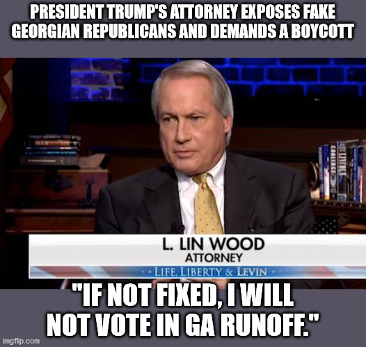 Lin Wood call for boycott of GA runoff | PRESIDENT TRUMP'S ATTORNEY EXPOSES FAKE GEORGIAN REPUBLICANS AND DEMANDS A BOYCOTT; "IF NOT FIXED, I WILL NOT VOTE IN GA RUNOFF." | image tagged in lin wood,president trump,georgia runoff,voter fraud,fake republicans,boycott | made w/ Imgflip meme maker