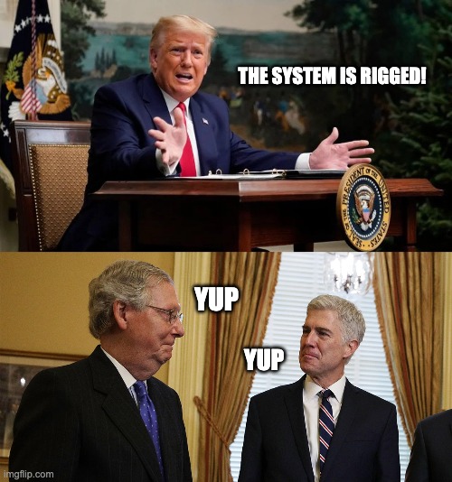 The System Is Rigged! | THE SYSTEM IS RIGGED! YUP; YUP | image tagged in donald trump,mitch mcconnell,neil gorsuch,rigged elections | made w/ Imgflip meme maker