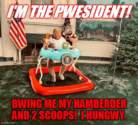 I'm The Pwesident | I'M THE PWESIDENT! BWING ME MY HAMBERDER AND 2 SCOOPS!  I HUNGWY. | image tagged in baby president trump,maga2024,trump,man-baby | made w/ Imgflip meme maker