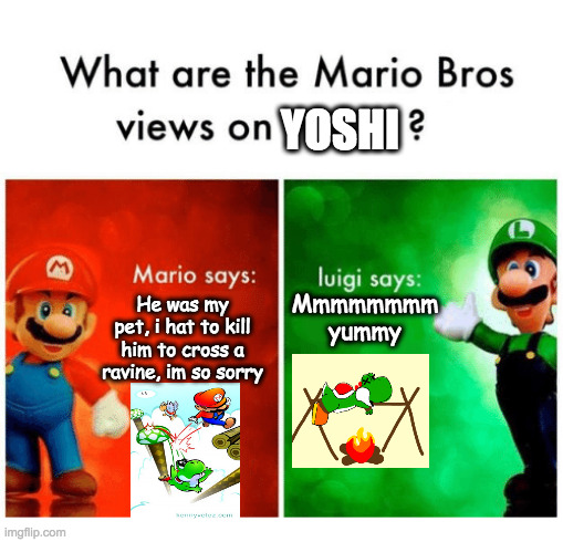 Why mario did it? | YOSHI; He was my pet, i hat to kill him to cross a ravine, im so sorry; Mmmmmmmm yummy | image tagged in what are the mario bros views on | made w/ Imgflip meme maker