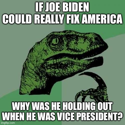 Why? | IF JOE BIDEN COULD REALLY FIX AMERICA; WHY WAS HE HOLDING OUT WHEN HE WAS VICE PRESIDENT? | image tagged in memes,philosoraptor,funny,joe biden,america,politics | made w/ Imgflip meme maker